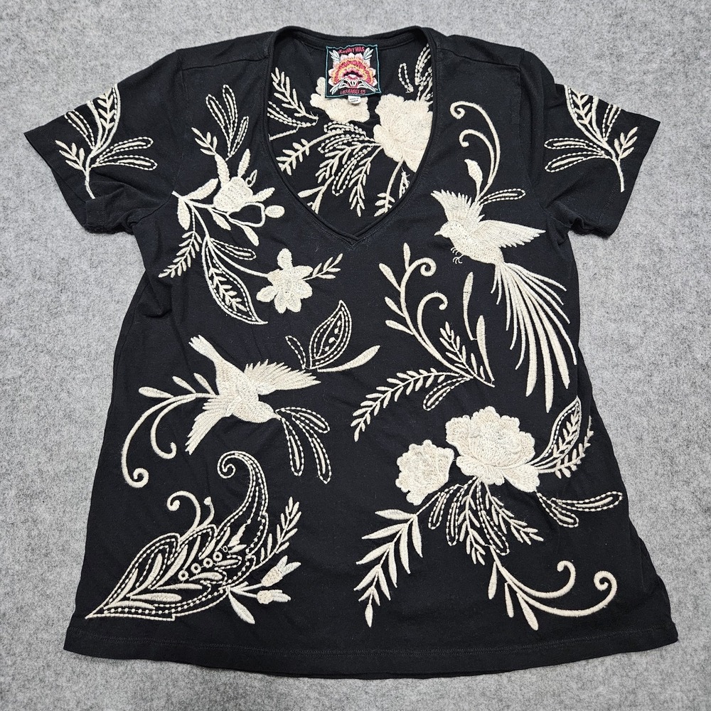 Johnny Was Frankie Everyday Tee Small Black Ivory Embroidered Bird Floral V-Neck
